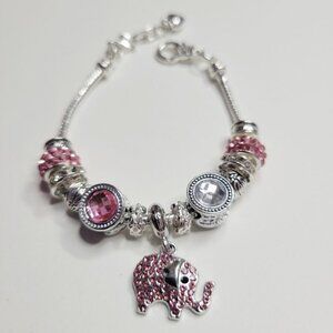 NWT Pandora Style Charm Bracelet Sparkling Pink Elephant Glittering Rhinestones